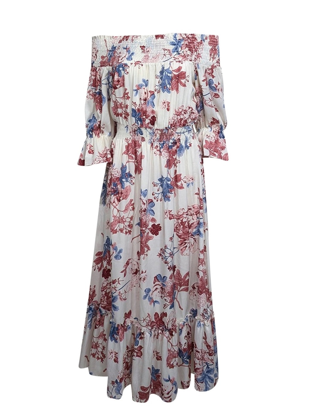 NWT Misa Los Angeles White Off-Shoulder Maxi Dress with Red & Blue Floral Print